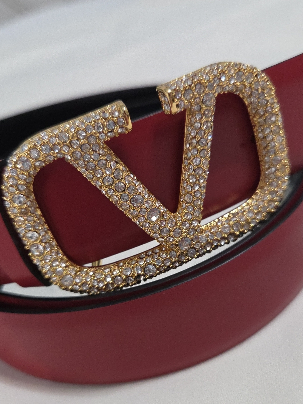 Valentino Garavani Red Black Belt with Gold Crystal Buckle